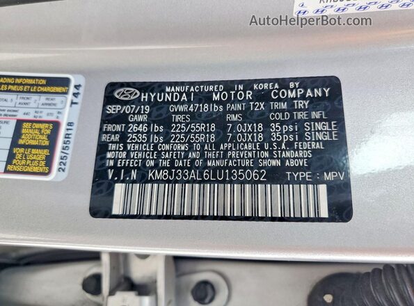 KM8J33AL6LU135062 2020 HYUNDAI TUCSON Silver Widok naklejki z numerem VIN