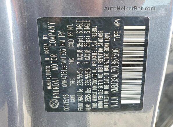 KM8J33AL7KU867506 2019 HYUNDAI TUCSON Gray VIN կոդի պիտակի տեսք