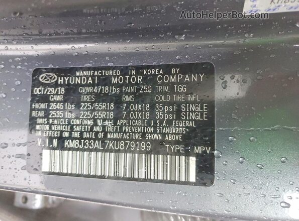 KM8J33AL7KU879199 2019 HYUNDAI TUCSON Gray Widok komory silnika