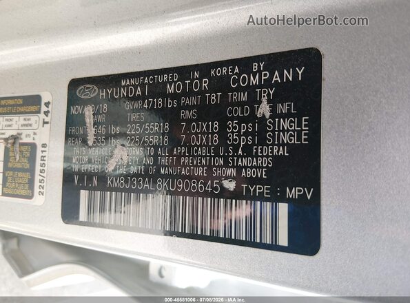 KM8J33AL8KU908645 2019 HYUNDAI TUCSON Silver ძრავის განყოფილების ხედი
