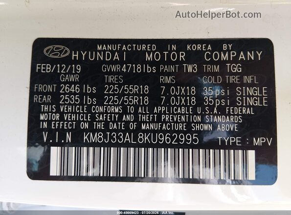 KM8J33AL8KU962995 2019 HYUNDAI TUCSON Белый Вид подкапотного пространства