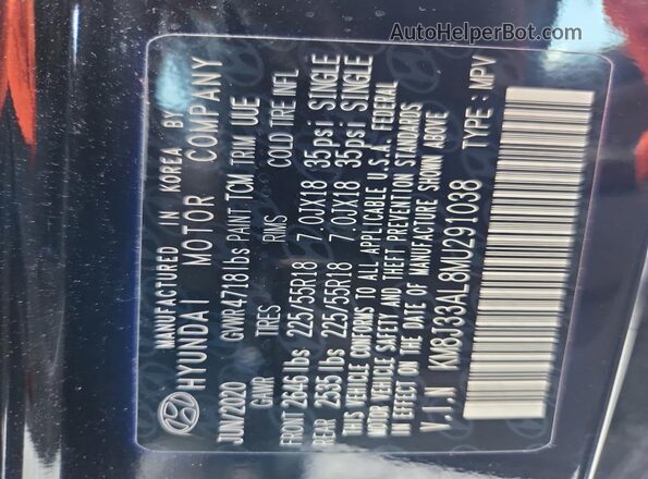 KM8J33AL8MU291038 2021 HYUNDAI TUCSON Black VIN կոդի պիտակի տեսք