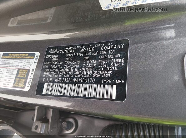 KM8J33AL8MU350170 2021 HYUNDAI TUCSON Gray VIN sticker view