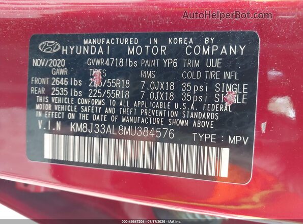 KM8J33AL8MU384576 2021 HYUNDAI TUCSON Red Вид підкапотного простору