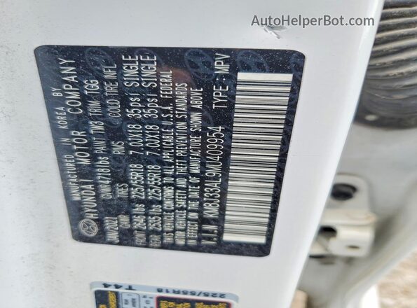 KM8J33AL9MU409954 2021 HYUNDAI TUCSON White Vista de la etiqueta del VIN