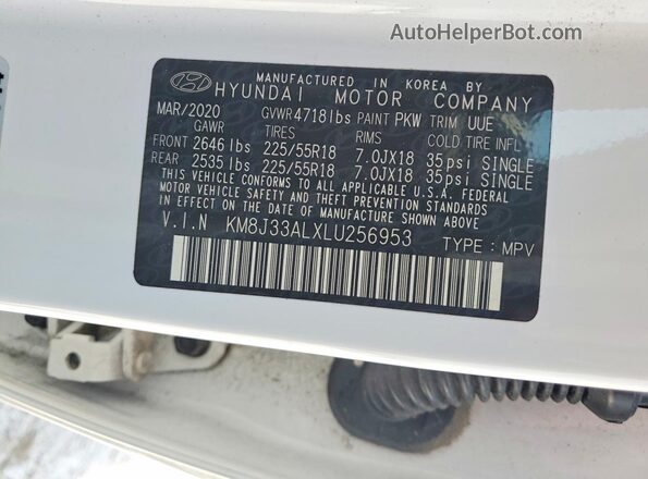KM8J33ALXLU256953 2020 HYUNDAI TUCSON White VIN კოდის სტიკერის ხედი