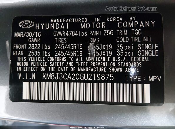 KM8J3CA20GU219875 2016 HYUNDAI TUCSON Gray Vista del compartimento del motor