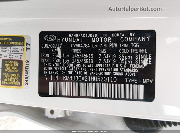 KM8J3CA21HU520110 2017 HYUNDAI TUCSON White ძრავის განყოფილების ხედი