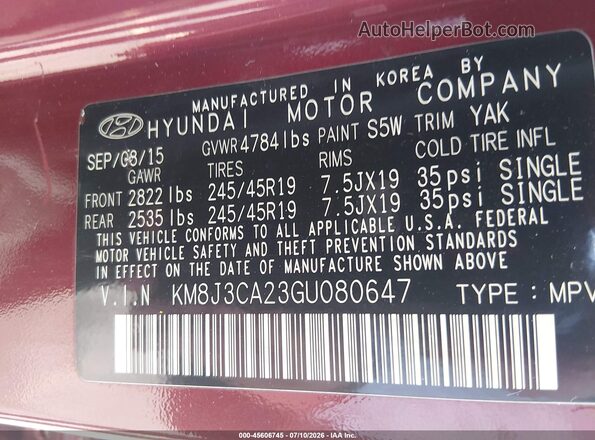 KM8J3CA23GU080647 2016 HYUNDAI TUCSON Burgundy Вид підкапотного простору