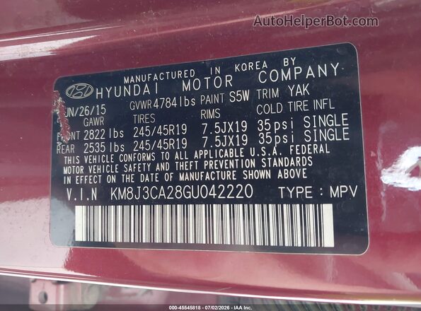 KM8J3CA28GU042220 2016 HYUNDAI TUCSON Maroon Vista del compartimento del motor
