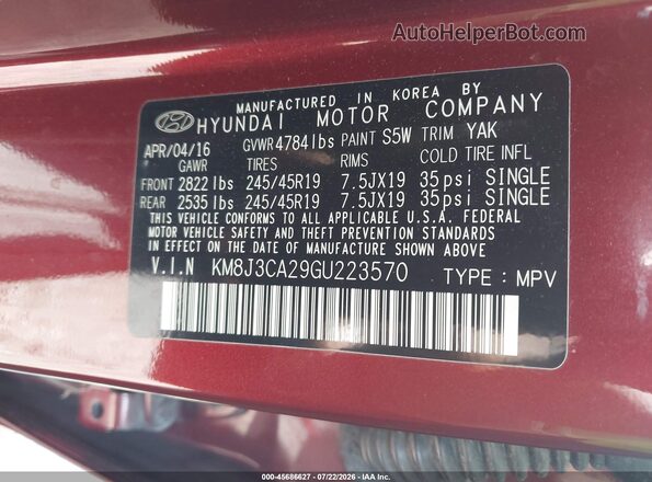 KM8J3CA29GU223570 2016 HYUNDAI TUCSON Red Շարժիչի բաժամունքի տեսք