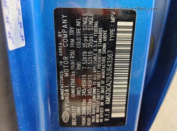 KM8J3CA29JU643367 2018 HYUNDAI TUCSON Blue Панорамний вид салону 360°