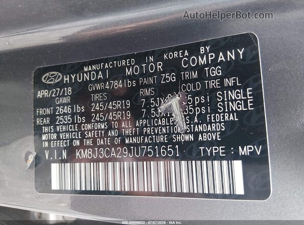 KM8J3CA29JU751651 2018 HYUNDAI TUCSON Blue Շարժիչի բաժամունքի տեսք