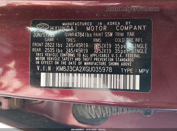 KM8J3CA2XGU035978 2016 HYUNDAI TUCSON Red Вид підкапотного простору