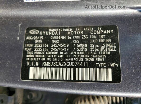 KM8J3CA2XGU074411 2016 HYUNDAI TUCSON Gray VIN sticker view