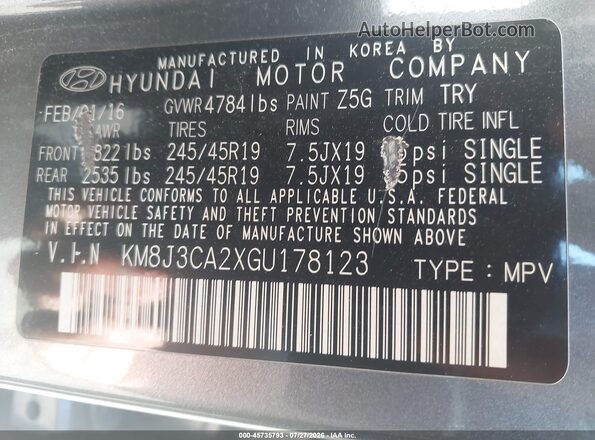 KM8J3CA2XGU178123 2016 HYUNDAI TUCSON Black Вид підкапотного простору
