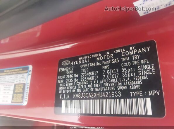 KM8J3CA2XHU421933 2017 HYUNDAI TUCSON Orange Engine compartment view