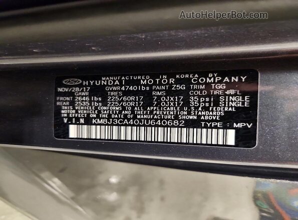 KM8J3CA40JU640682 2018 HYUNDAI TUCSON Gray Vista de la etiqueta del VIN
