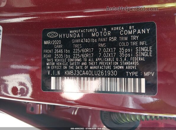 KM8J3CA40LU261930 2020 HYUNDAI TUCSON Red Widok komory silnika