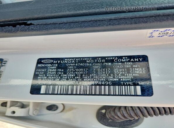 KM8J3CA42LU174496 2020 HYUNDAI TUCSON White Vista de la etiqueta del VIN