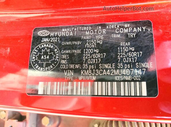 KM8J3CA42MU407147 2021 HYUNDAI TUCSON Red VIN կոդի պիտակի տեսք