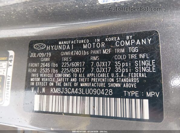 KM8J3CA43LU090428 2020 HYUNDAI TUCSON Gray Շարժիչի բաժամունքի տեսք