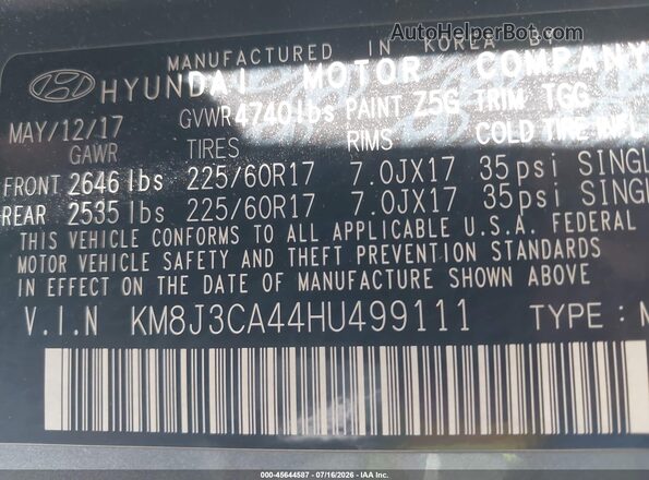 KM8J3CA44HU499111 2017 HYUNDAI TUCSON Gray Vista del compartimento del motor