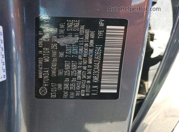 KM8J3CA44JU606941 2018 HYUNDAI TUCSON Gray Widok naklejki z numerem VIN