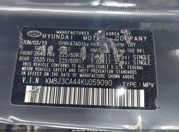 KM8J3CA44KU059090 2019 HYUNDAI TUCSON Gray Вид підкапотного простору