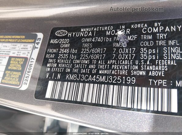 KM8J3CA45MU325199 2021 HYUNDAI TUCSON Серый Вид подкапотного пространства