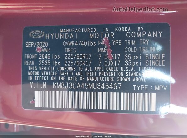 KM8J3CA45MU345467 2021 HYUNDAI TUCSON Темно-бордовый Вид подкапотного пространства