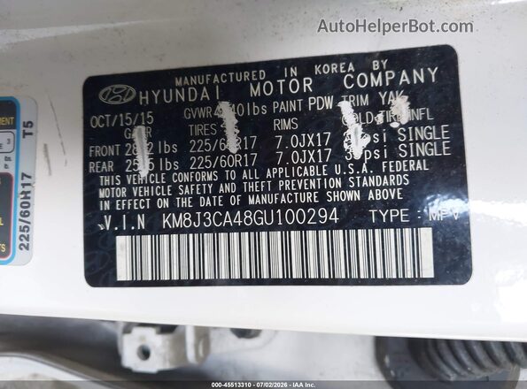 KM8J3CA48GU100294 2016 HYUNDAI TUCSON White Widok komory silnika