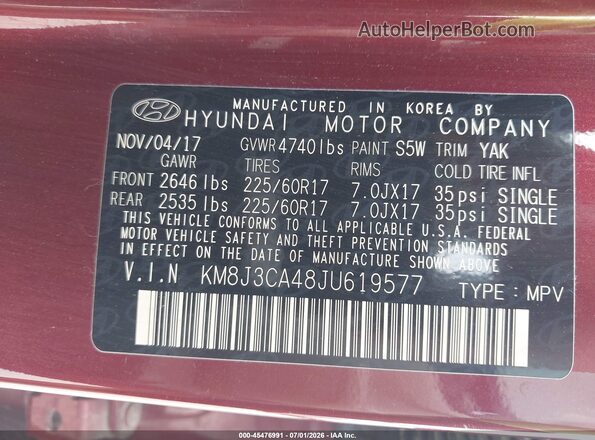 KM8J3CA48JU619577 2018 HYUNDAI TUCSON Maroon Widok komory silnika