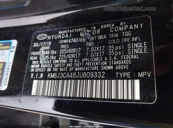 KM8J3CA48JU809332 2018 HYUNDAI TUCSON Черный Вид подкапотного пространства