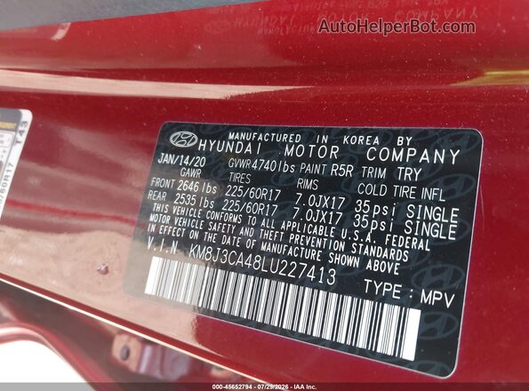 KM8J3CA48LU227413 2020 HYUNDAI TUCSON Red Շարժիչի բաժամունքի տեսք