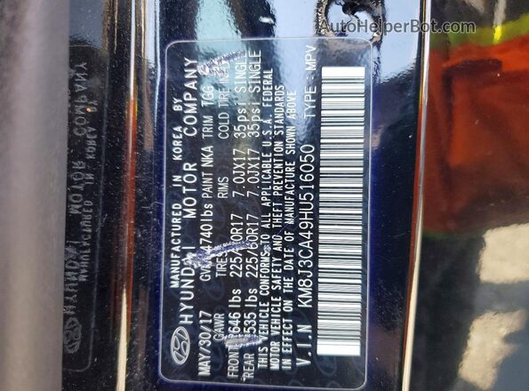 KM8J3CA49HU516050 2017 HYUNDAI TUCSON Black VIN sticker view