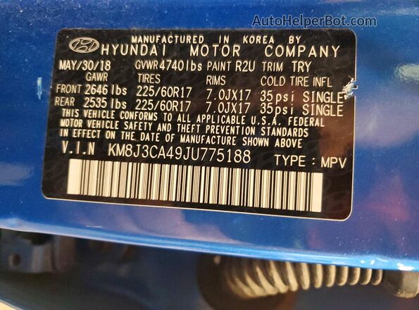 KM8J3CA49JU775188 2018 HYUNDAI TUCSON Blue VIN կոդի պիտակի տեսք