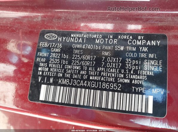 KM8J3CA4XGU186952 2016 HYUNDAI TUCSON Red Widok komory silnika
