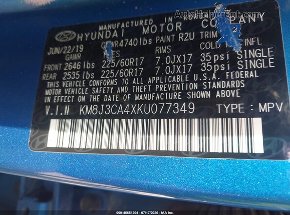 KM8J3CA4XKU077349 2019 HYUNDAI TUCSON Blue Vista del compartimento del motor