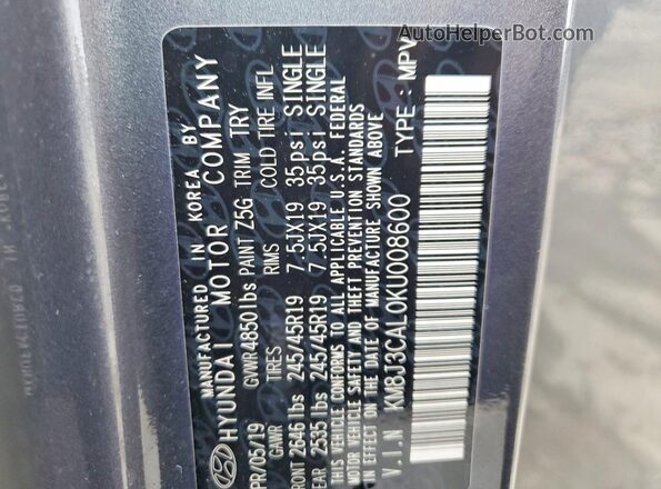 KM8J3CAL0KU008600 2019 HYUNDAI TUCSON Gray VIN sticker view