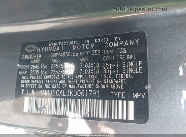 KM8J3CAL1KU061791 2019 HYUNDAI TUCSON Gray ძრავის განყოფილების ხედი