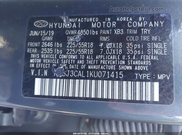 KM8J3CAL1KU071415 2019 HYUNDAI TUCSON Pewter ძრავის განყოფილების ხედი