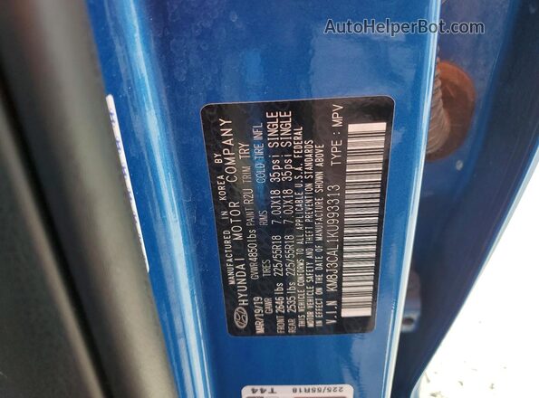 KM8J3CAL1KU993313 2019 HYUNDAI TUCSON Blue Widok naklejki z numerem VIN
