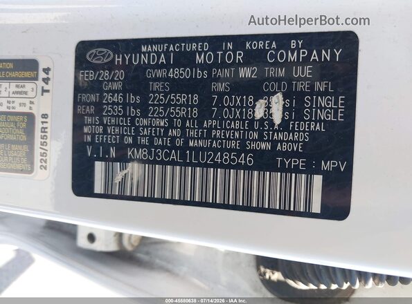 KM8J3CAL1LU248546 2020 HYUNDAI TUCSON White Engine compartment view
