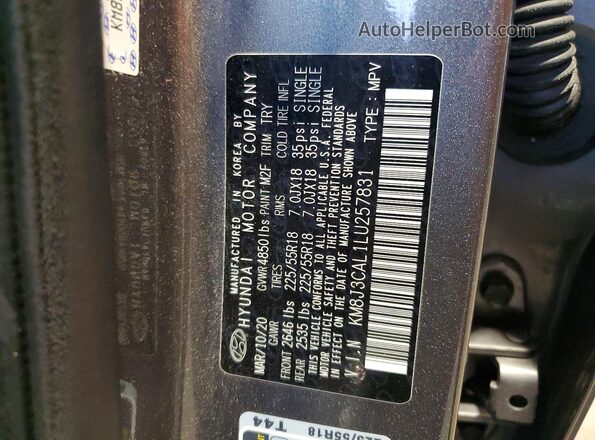 KM8J3CAL1LU257831 2020 HYUNDAI TUCSON Gray VIN კოდის სტიკერის ხედი
