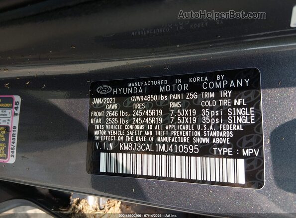 KM8J3CAL1MU410595 2021 HYUNDAI TUCSON Gray Widok komory silnika
