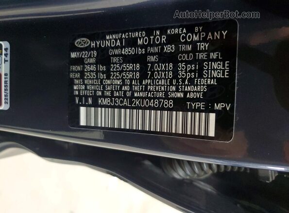 KM8J3CAL2KU048788 2019 HYUNDAI TUCSON Blue VIN sticker view