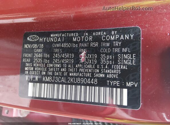 KM8J3CAL2KU890448 2019 HYUNDAI TUCSON Красный Вид подкапотного пространства