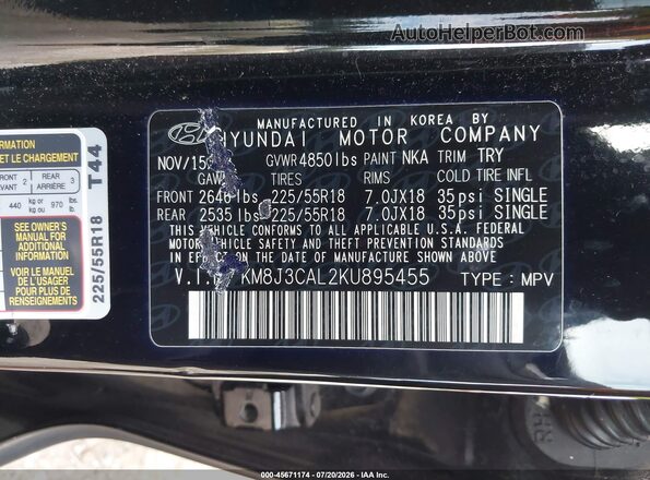 KM8J3CAL2KU895455 2019 HYUNDAI TUCSON Black Շարժիչի բաժամունքի տեսք