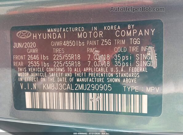KM8J3CAL2MU290905 2021 HYUNDAI TUCSON Gray Widok komory silnika